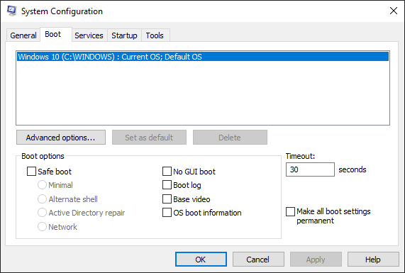 system configuration venster met boot tab open